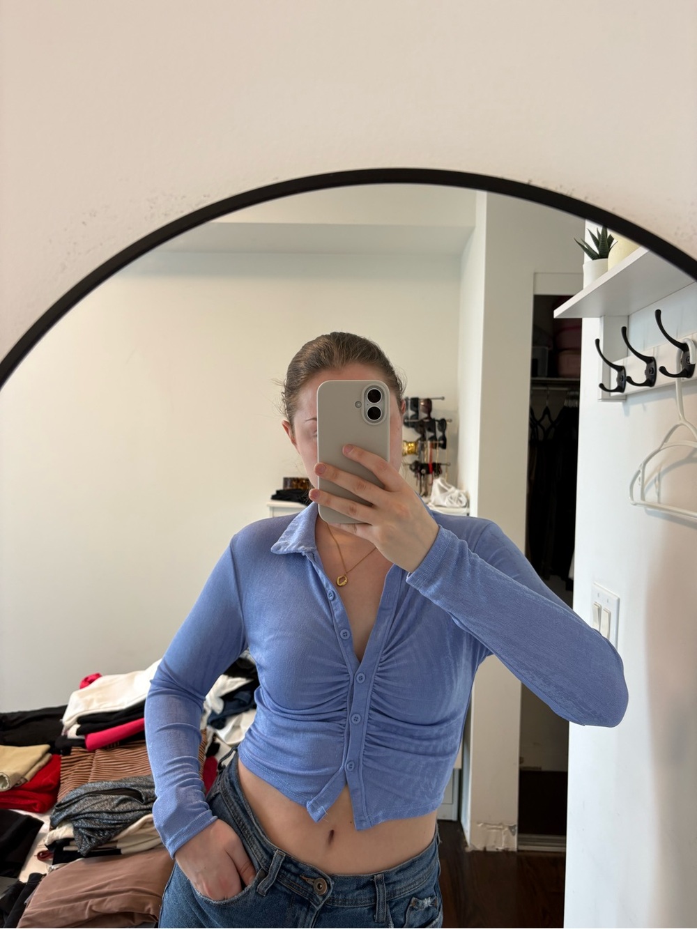 Cropped Ribbed Button-Front Top in Lavender Blue - Picture 2 of 3
